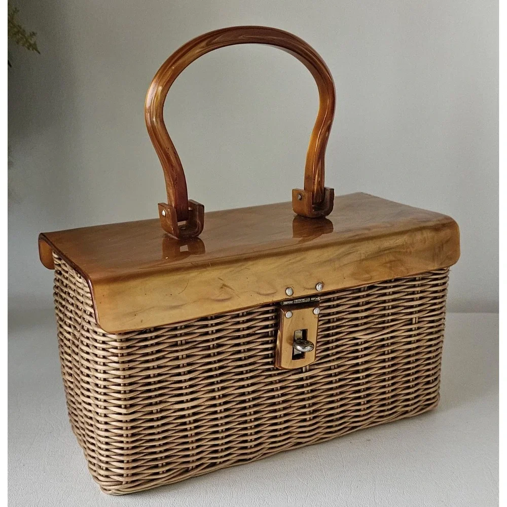 Vintage Plastic Wicker Gold Marbled Swirl Box Purse